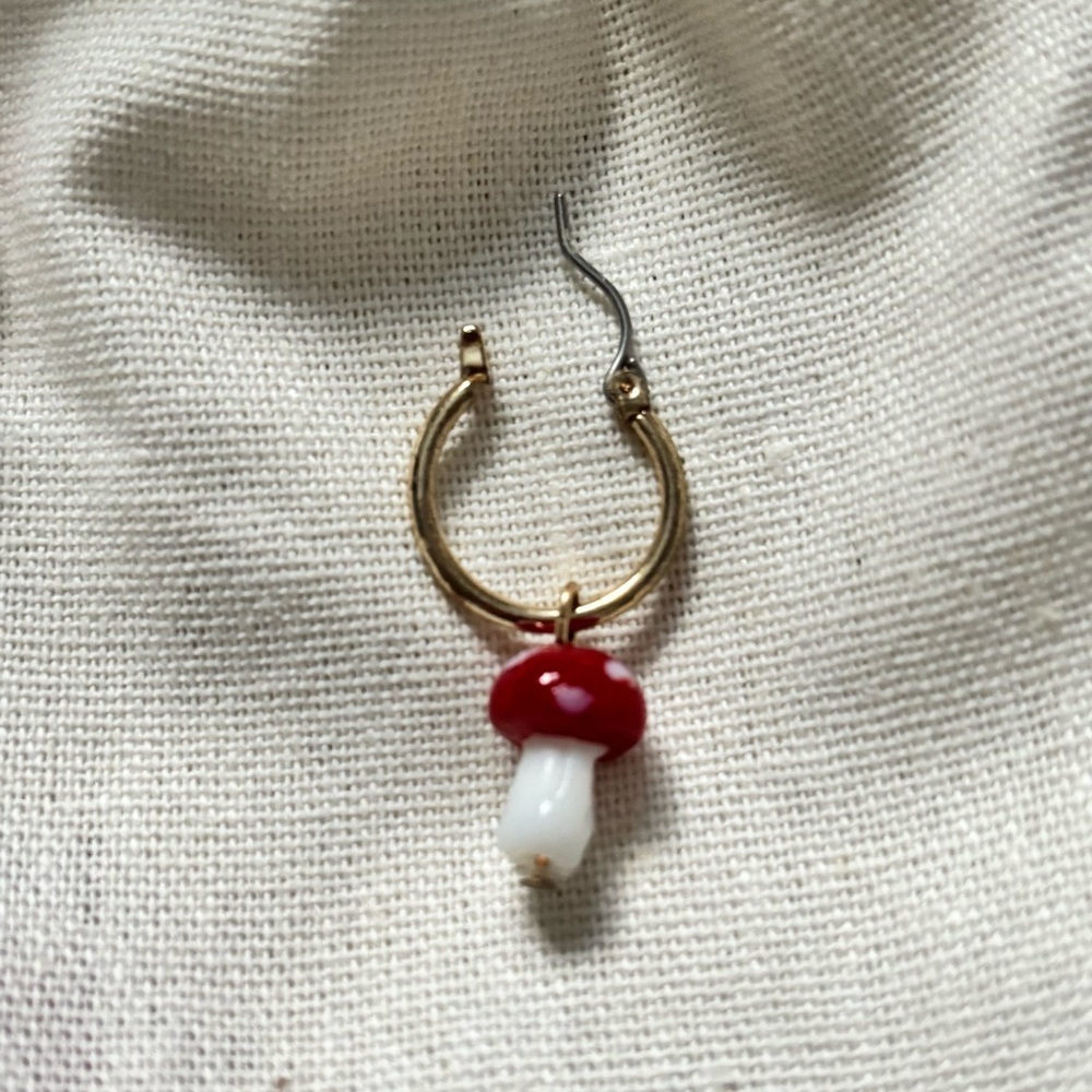 3/$45 Gold Hoop Earrings with Red and White Mushroom Charms - Picture 2 of 2